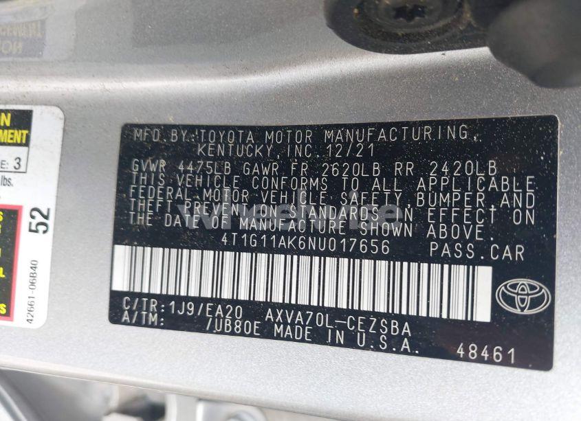 Photo 9 of 2022 Toyota Camry SE (VIN 4T1G11AK6NU017656)