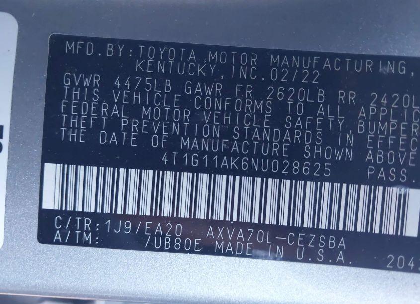 Photo 9 of 2022 Toyota Camry SE (VIN 4T1G11AK6NU028625)