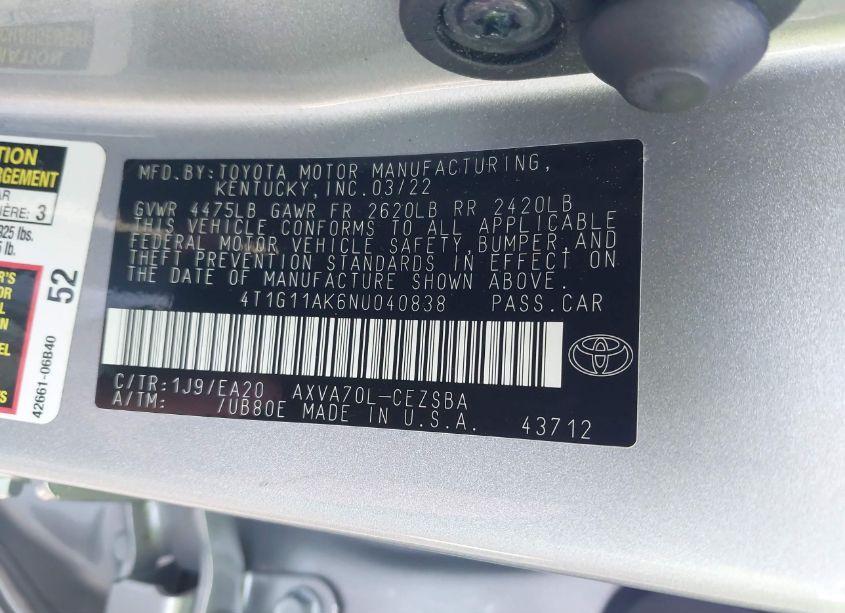 Photo 9 of 2022 Toyota Camry SE (VIN 4T1G11AK6NU040838)