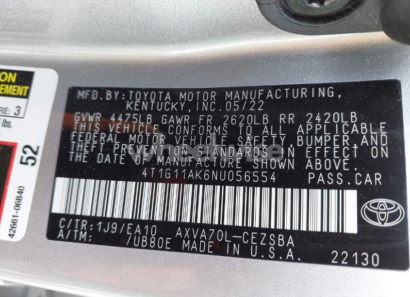 Photo 9 of 2022 Toyota Camry SE (VIN 4T1G11AK6NU056554)