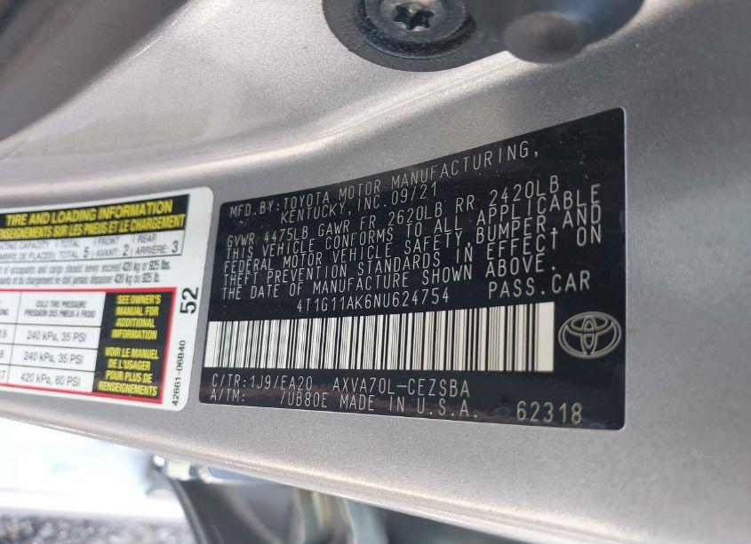 Photo 9 of 2022 Toyota Camry SE (VIN 4T1G11AK6NU624754)