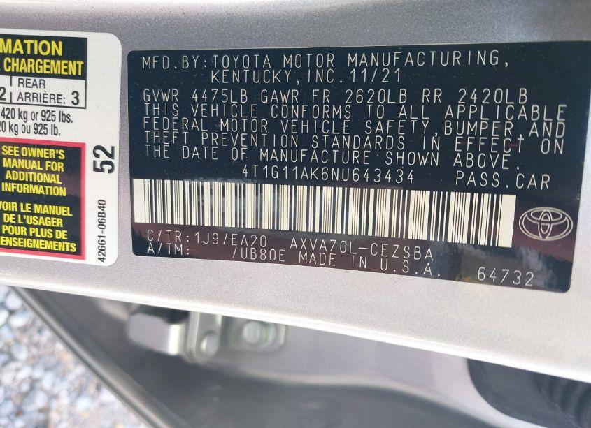 Photo 9 of 2022 Toyota Camry SE (VIN 4T1G11AK6NU643434)