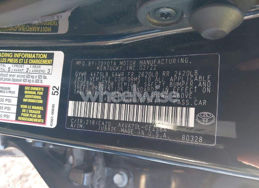 Photo 9 of 2022 Toyota Camry SE (VIN 4T1G11AK6NU670441)