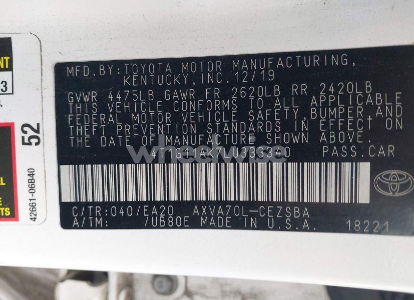 Photo 9 of 2020 Toyota Camry SE (VIN 4T1G11AK7LU333340)