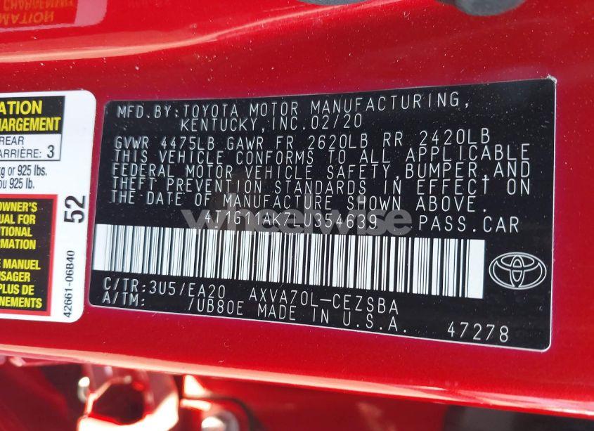Photo 9 of 2020 Toyota Camry SE (VIN 4T1G11AK7LU354639)