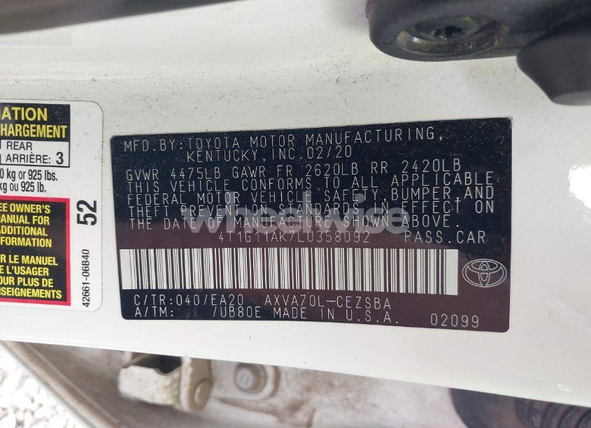 Photo 9 of 2020 Toyota Camry SE (VIN 4T1G11AK7LU358092)