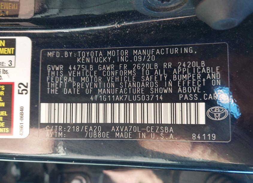 Photo 9 of 2020 Toyota Camry SE (VIN 4T1G11AK7LU503714)