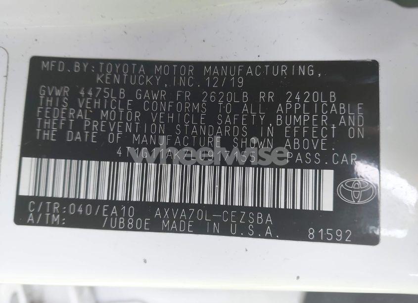 Photo 9 of 2020 Toyota Camry SE (VIN 4T1G11AK7LU917155)