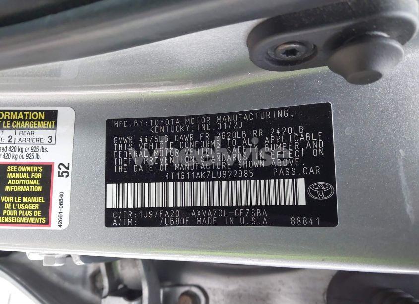 Photo 9 of 2020 Toyota Camry SE (VIN 4T1G11AK7LU922985)