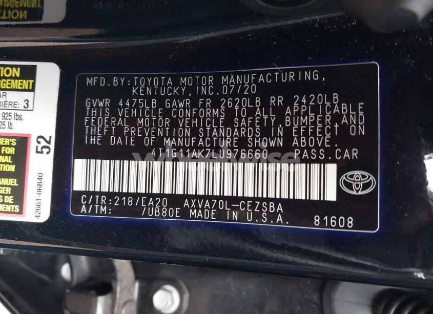 Photo 9 of 2020 Toyota Camry SE (VIN 4T1G11AK7LU976660)
