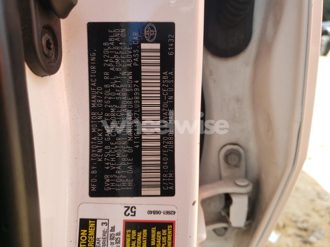 Photo 12 of 2020 TOYOTA CAMRY SE (VIN 4T1G11AK7LU989974)
