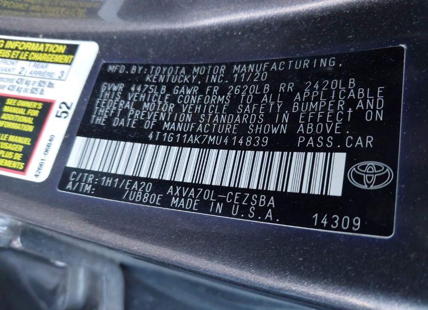 Photo 9 of 2021 Toyota Camry SE (VIN 4T1G11AK7MU414839)