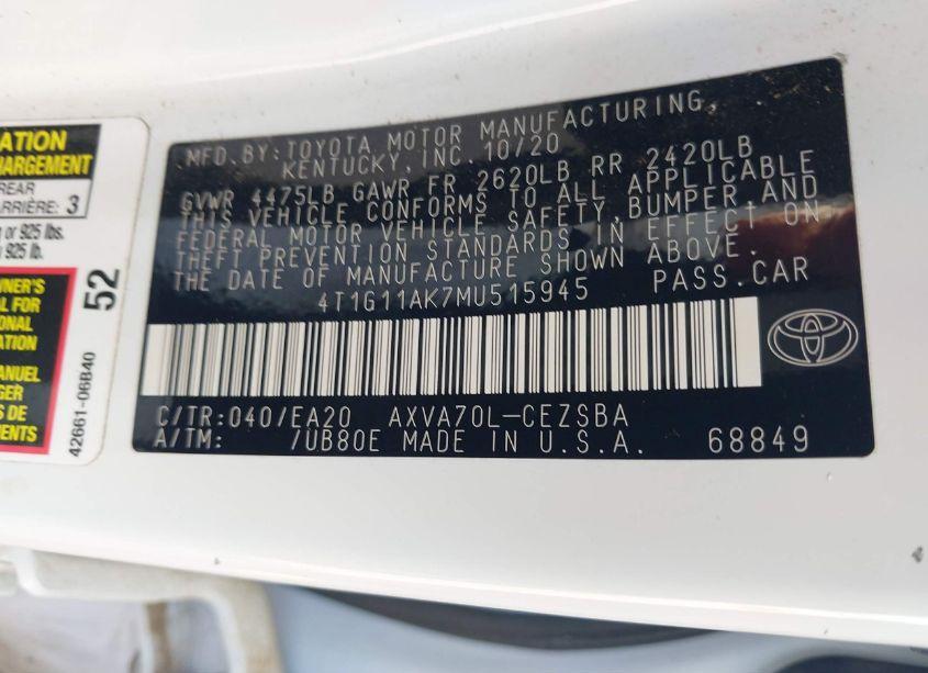 Photo 9 of 2021 Toyota Camry SE (VIN 4T1G11AK7MU515945)