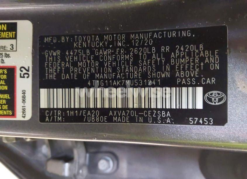 Photo 9 of 2021 Toyota Camry SE (VIN 4T1G11AK7MU531241)