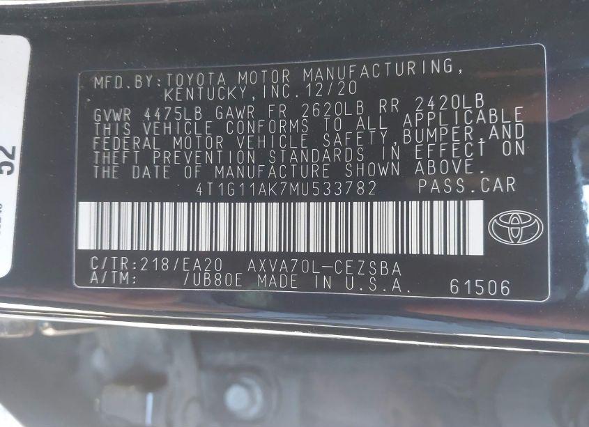 Photo 9 of 2021 Toyota Camry SE (VIN 4T1G11AK7MU533782)