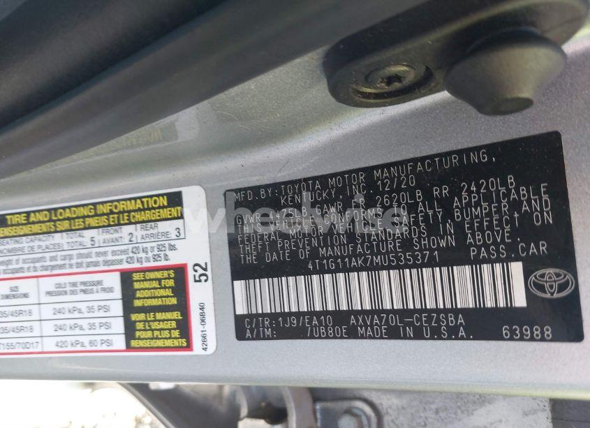 Photo 9 of 2021 Toyota Camry SE (VIN 4T1G11AK7MU535371)