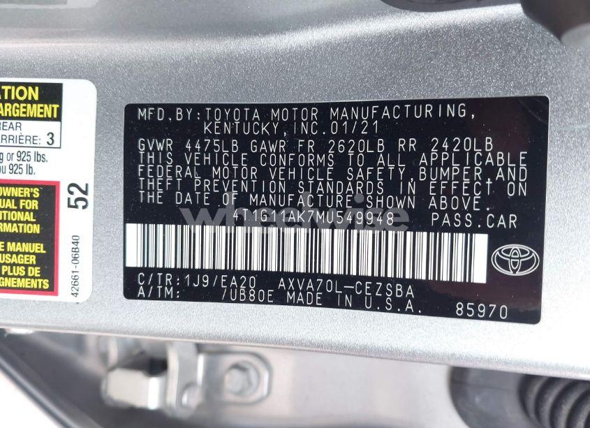 Photo 9 of 2021 Toyota Camry SE (VIN 4T1G11AK7MU549948)