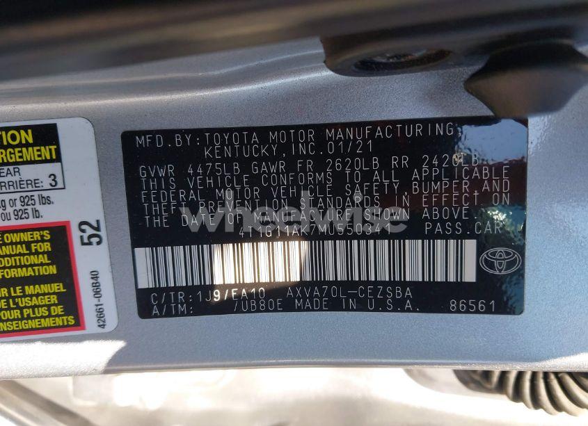 Photo 9 of 2021 Toyota Camry SE (VIN 4T1G11AK7MU550341)