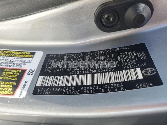 Photo 4 of 2021 TOYOTA CAMRY SE (VIN 4T1G11AK7MU604625)