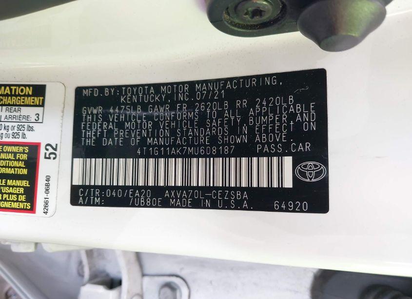 Photo 9 of 2021 Toyota Camry SE (VIN 4T1G11AK7MU608187)