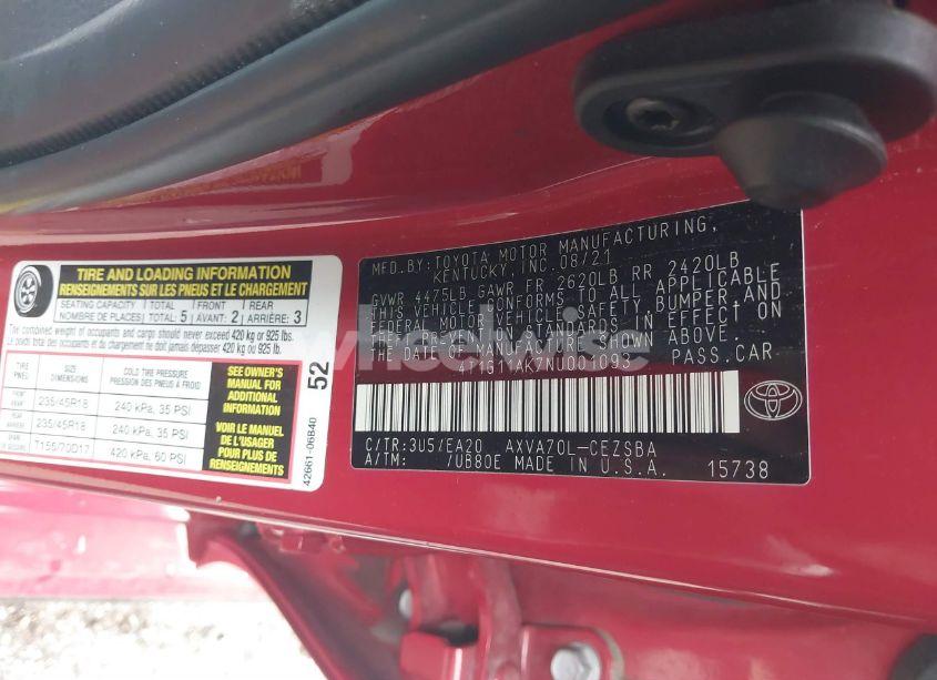 Photo 9 of 2022 Toyota Camry SE (VIN 4T1G11AK7NU001093)