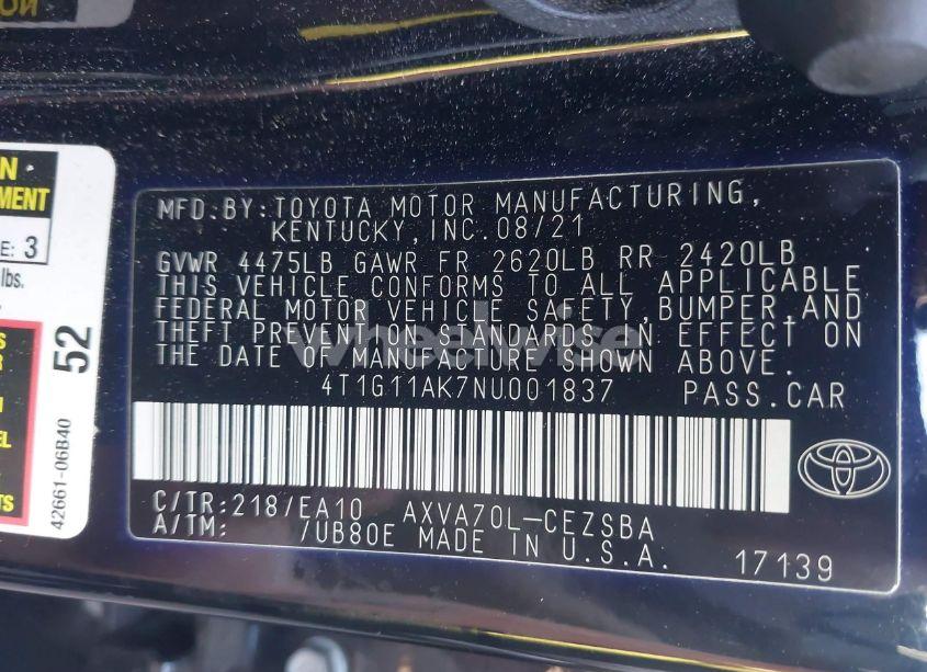 Photo 9 of 2022 Toyota Camry SE/SE NIGHT SHADE (VIN 4T1G11AK7NU001837)