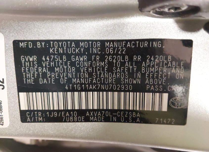 Photo 9 of 2022 Toyota Camry SE (VIN 4T1G11AK7NU702930)