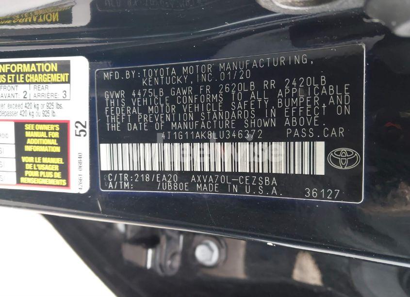 Photo 9 of 2020 Toyota Camry SE (VIN 4T1G11AK8LU346372)