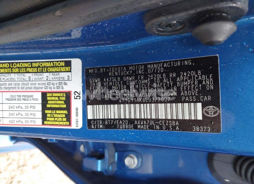 Photo 9 of 2020 Toyota Camry SE (VIN 4T1G11AK8LU377007)