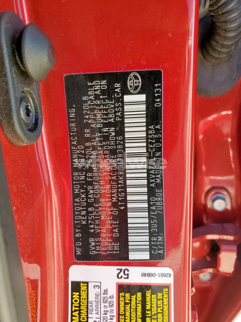 Photo 10 of 2020 TOYOTA CAMRY SE (VIN 4T1G11AK8LU383826)