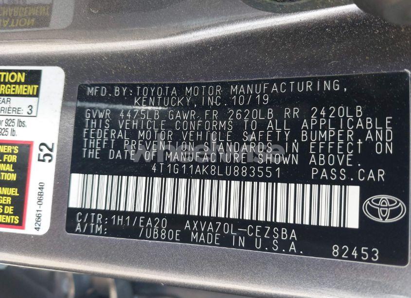 Photo 9 of 2020 Toyota Camry SE (VIN 4T1G11AK8LU883551)