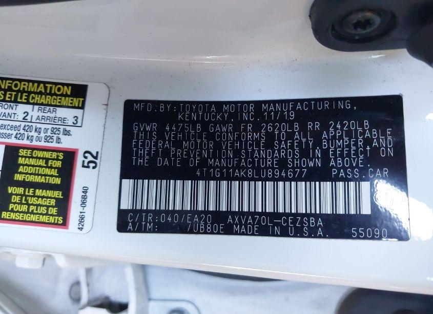 Photo 9 of 2020 Toyota Camry SE (VIN 4T1G11AK8LU894677)
