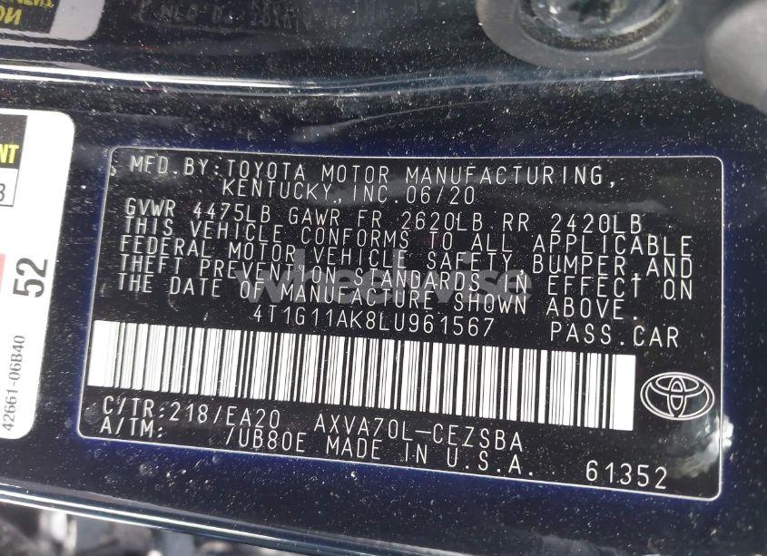 Photo 9 of 2020 Toyota Camry SE (VIN 4T1G11AK8LU961567)