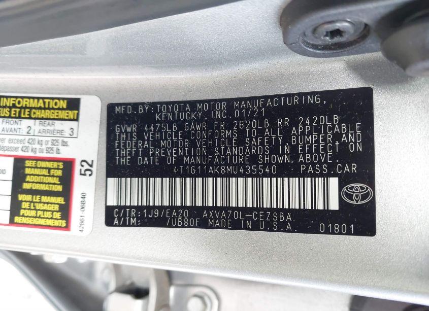 Photo 9 of 2021 Toyota Camry SE (VIN 4T1G11AK8MU435540)