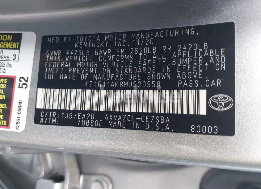 Photo 9 of 2021 Toyota Camry SE (VIN 4T1G11AK8MU520958)