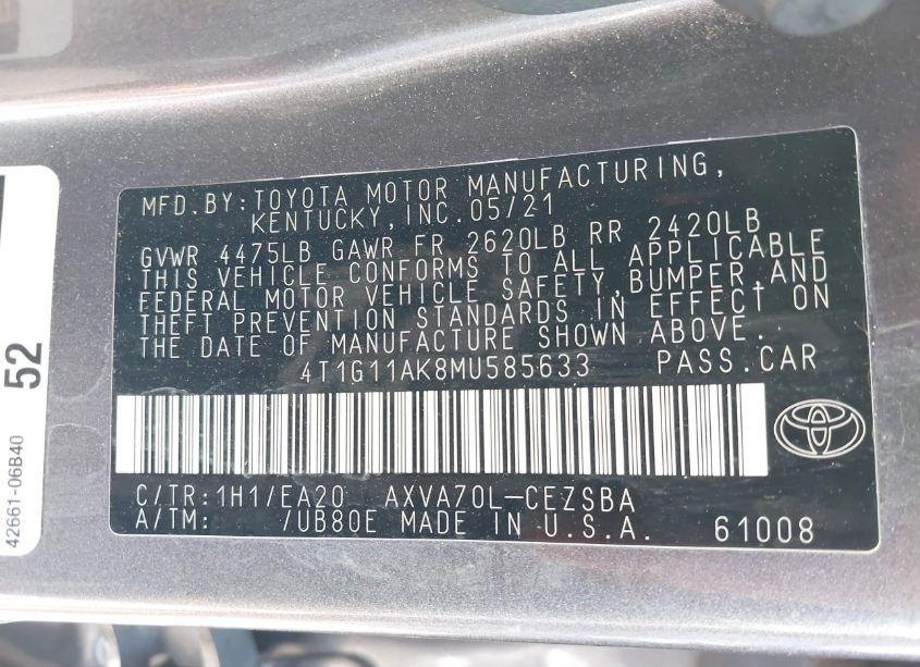 Photo 9 of 2021 Toyota Camry SE (VIN 4T1G11AK8MU585633)