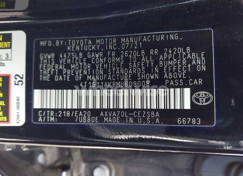 Photo 9 of 2021 Toyota Camry SE (VIN 4T1G11AK8MU609008)