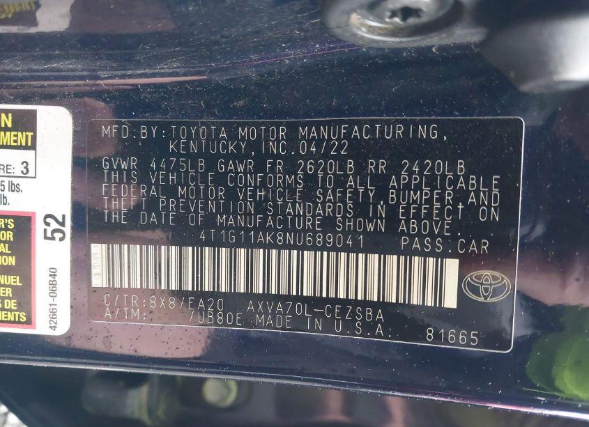 Photo 9 of 2022 Toyota Camry SE (VIN 4T1G11AK8NU689041)