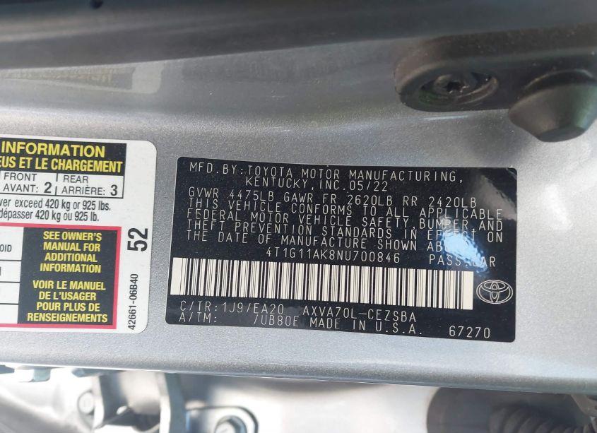 Photo 9 of 2022 Toyota Camry SE (VIN 4T1G11AK8NU700846)