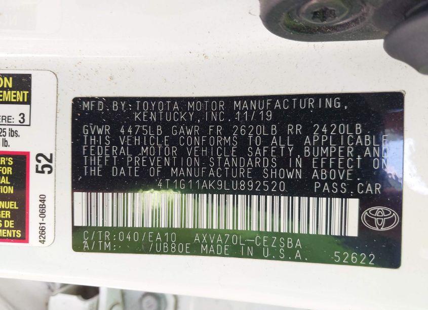 Photo 9 of 2020 Toyota Camry SE (VIN 4T1G11AK9LU892520)