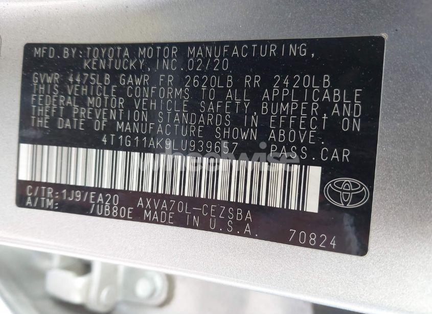 Photo 9 of 2020 Toyota Camry SE (VIN 4T1G11AK9LU939657)