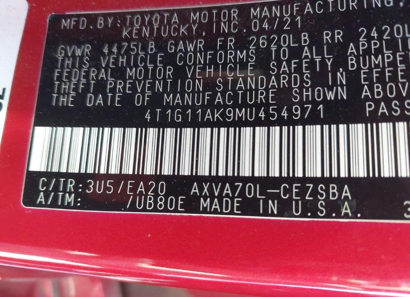 Photo 9 of 2021 Toyota Camry SE (VIN 4T1G11AK9MU454971)