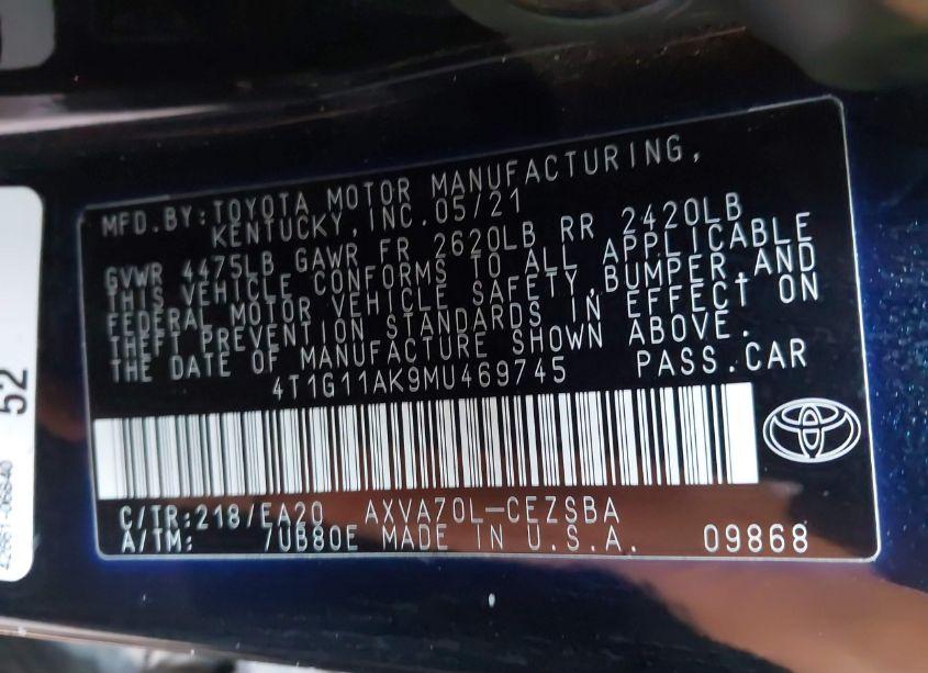 Photo 9 of 2021 Toyota Camry SE (VIN 4T1G11AK9MU469745)