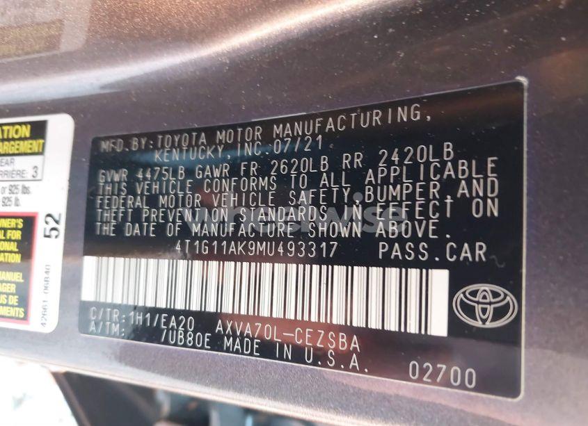 Photo 9 of 2021 Toyota Camry SE (VIN 4T1G11AK9MU493317)