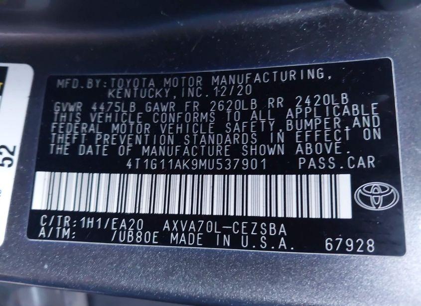 Photo 9 of 2021 Toyota Camry SE (VIN 4T1G11AK9MU537901)