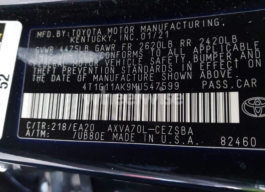 Photo 9 of 2021 Toyota Camry SE (VIN 4T1G11AK9MU547599)