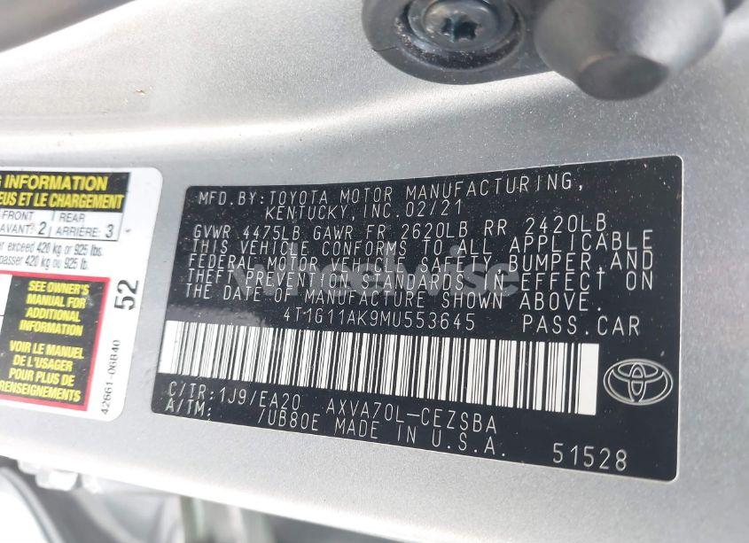 Photo 9 of 2021 Toyota Camry SE (VIN 4T1G11AK9MU553645)