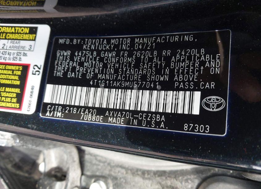 Photo 9 of 2021 Toyota Camry SE (VIN 4T1G11AK9MU577041)
