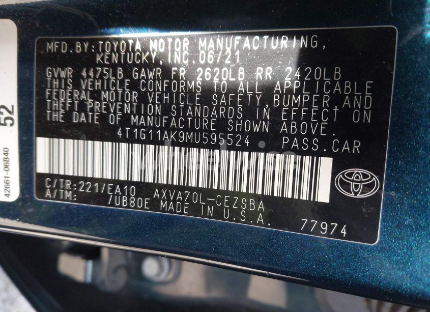 Photo 9 of 2021 Toyota Camry SE (VIN 4T1G11AK9MU595524)