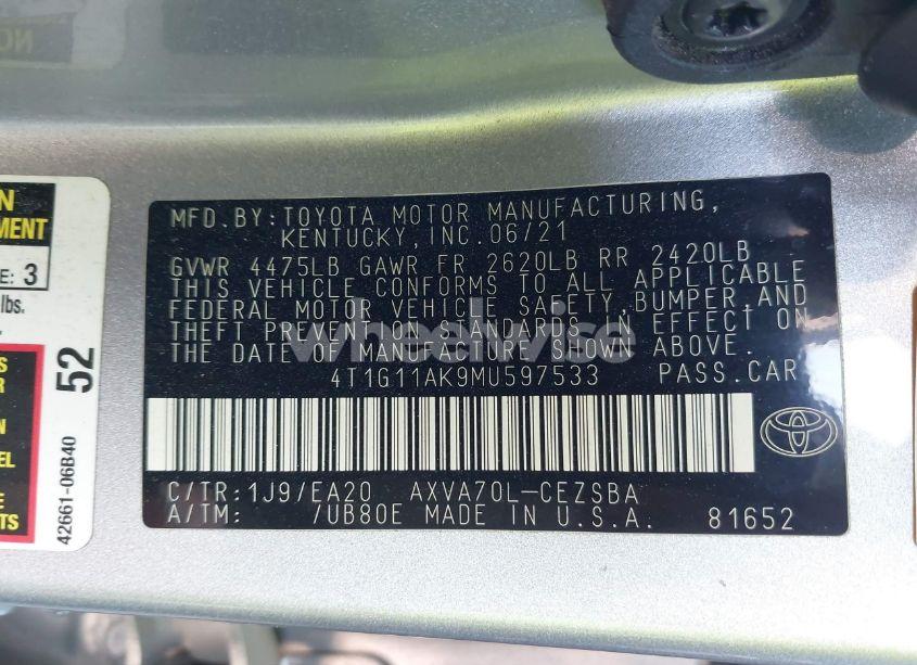 Photo 9 of 2021 Toyota Camry SE (VIN 4T1G11AK9MU597533)